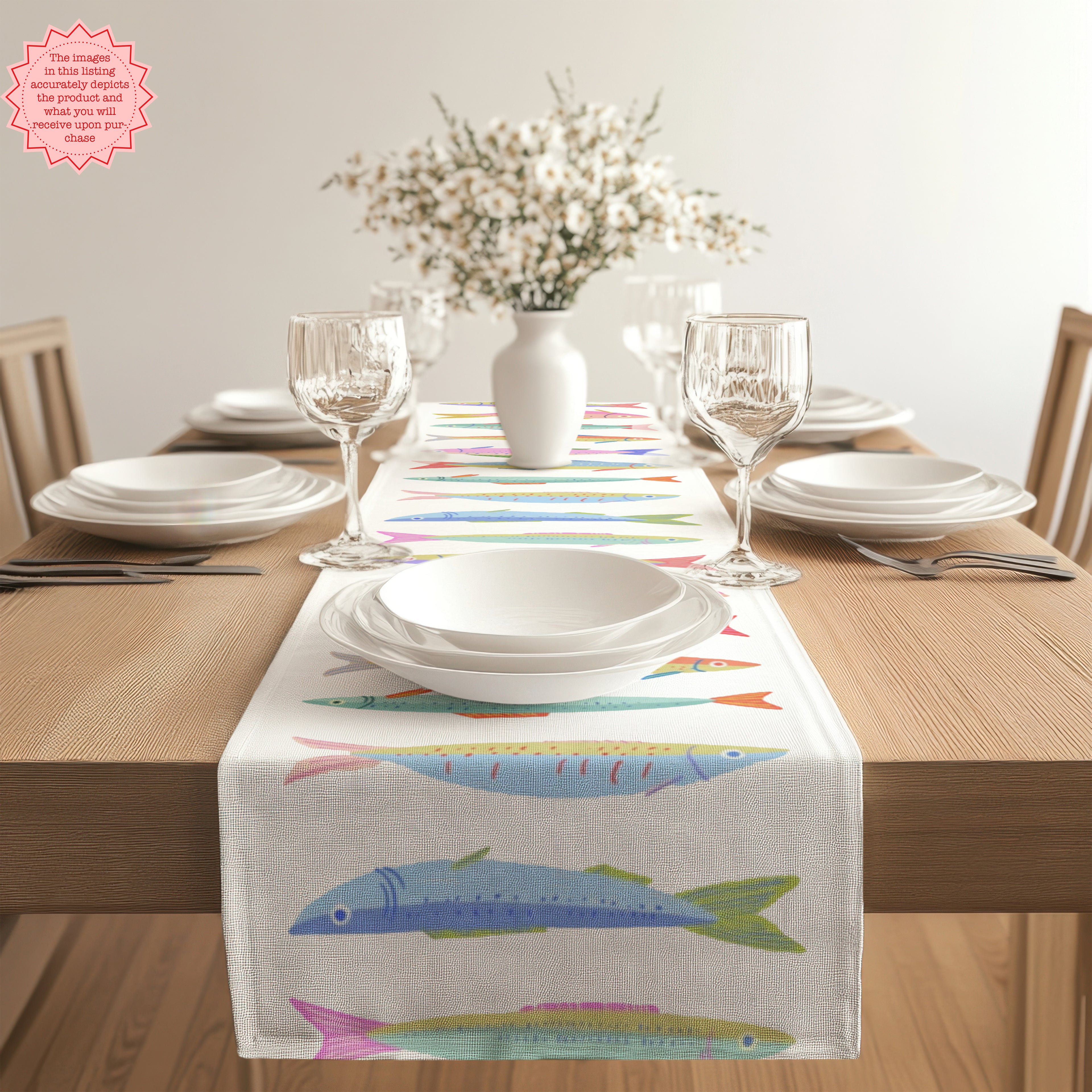 Colorful Sardine Illustration Table Runner – Bold Coastal Statement Table Linen