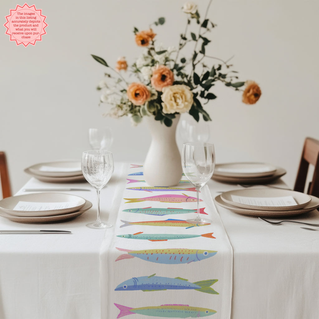 Colorful Sardine Illustration Table Runner – Bold Coastal Statement Table Linen