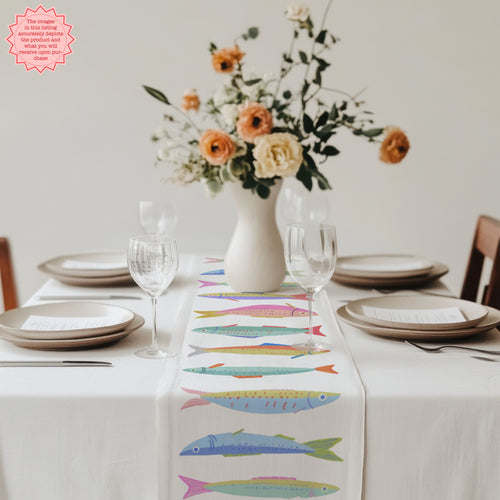 Colorful Sardine Illustration Table Runner – Bold Coastal Statement Table Linen