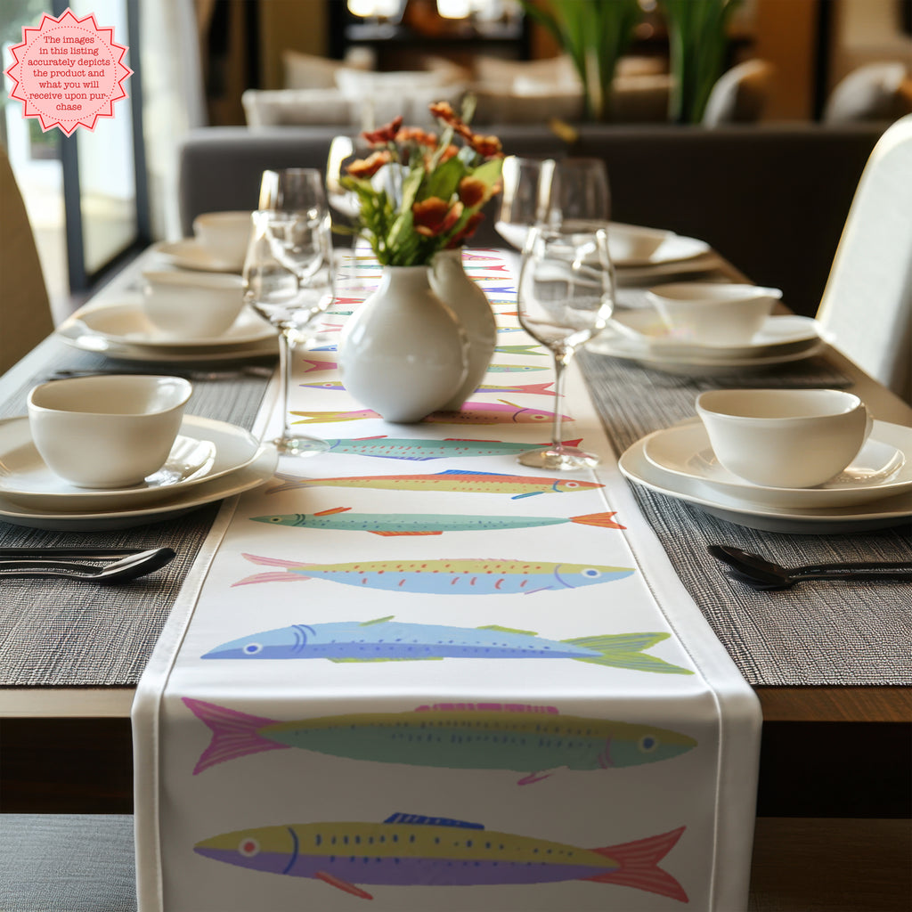Colorful Sardine Illustration Table Runner – Bold Coastal Statement Table Linen