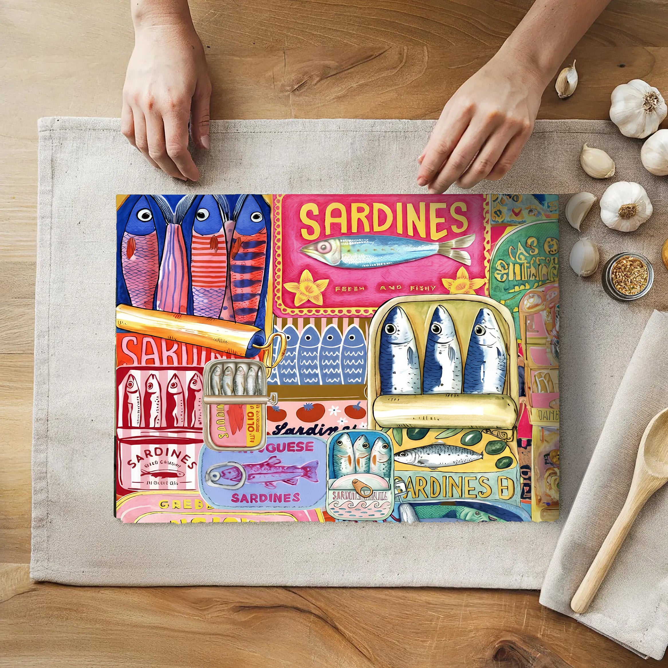 Mediterranean sardines glass cutting board featuring colourful modern fisherman collage artwork styled as coastal kitchen decor