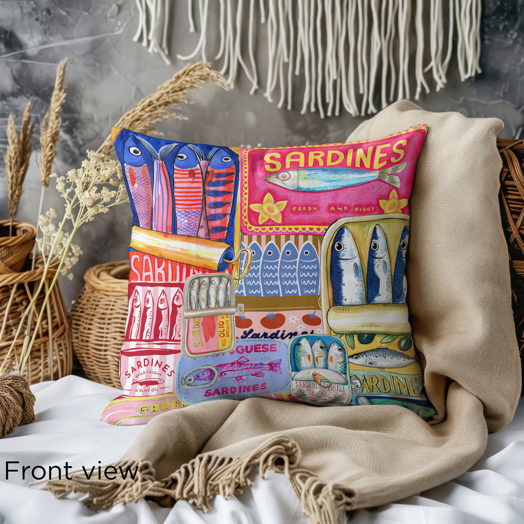 Close-up of the Sardines cushion with bright graphic design, perfect for adding a Mediterranean touch to your home decor.