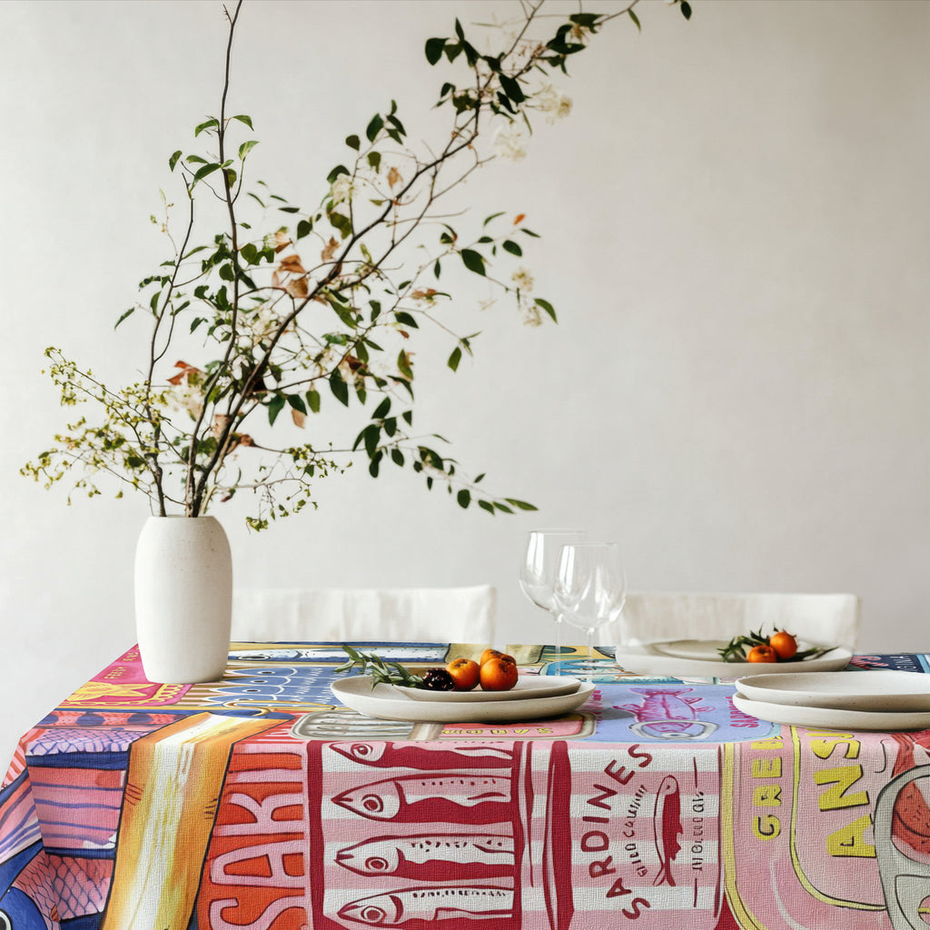 Hand-Painted Mediterranean Sardines Cotton Twill Tablecloth – Colorful Coastal Dining Decor