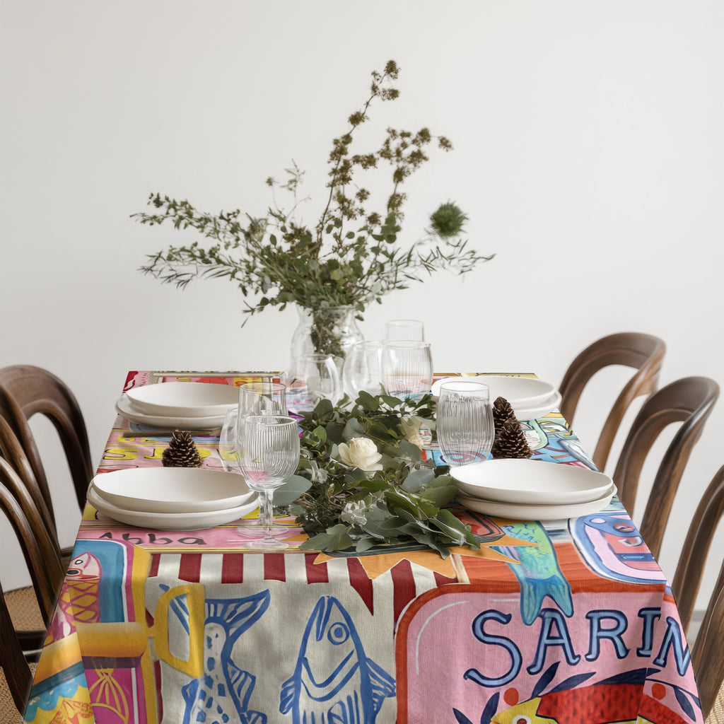 Hand-Painted Mediterranean Sardines Cotton Twill Tablecloth – Colorful Coastal Dining Decor