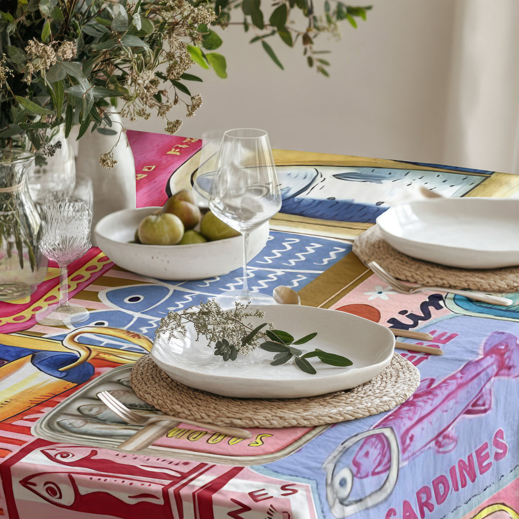 Hand-Painted Mediterranean Sardines Cotton Twill Tablecloth – Colorful Coastal Dining Decor