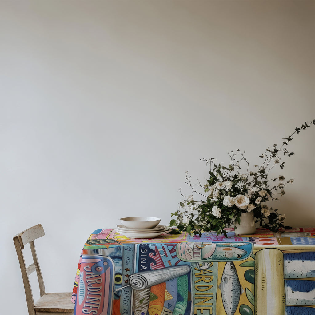 Hand-Painted Mediterranean Sardines Cotton Twill Tablecloth – Colorful Coastal Dining Decor