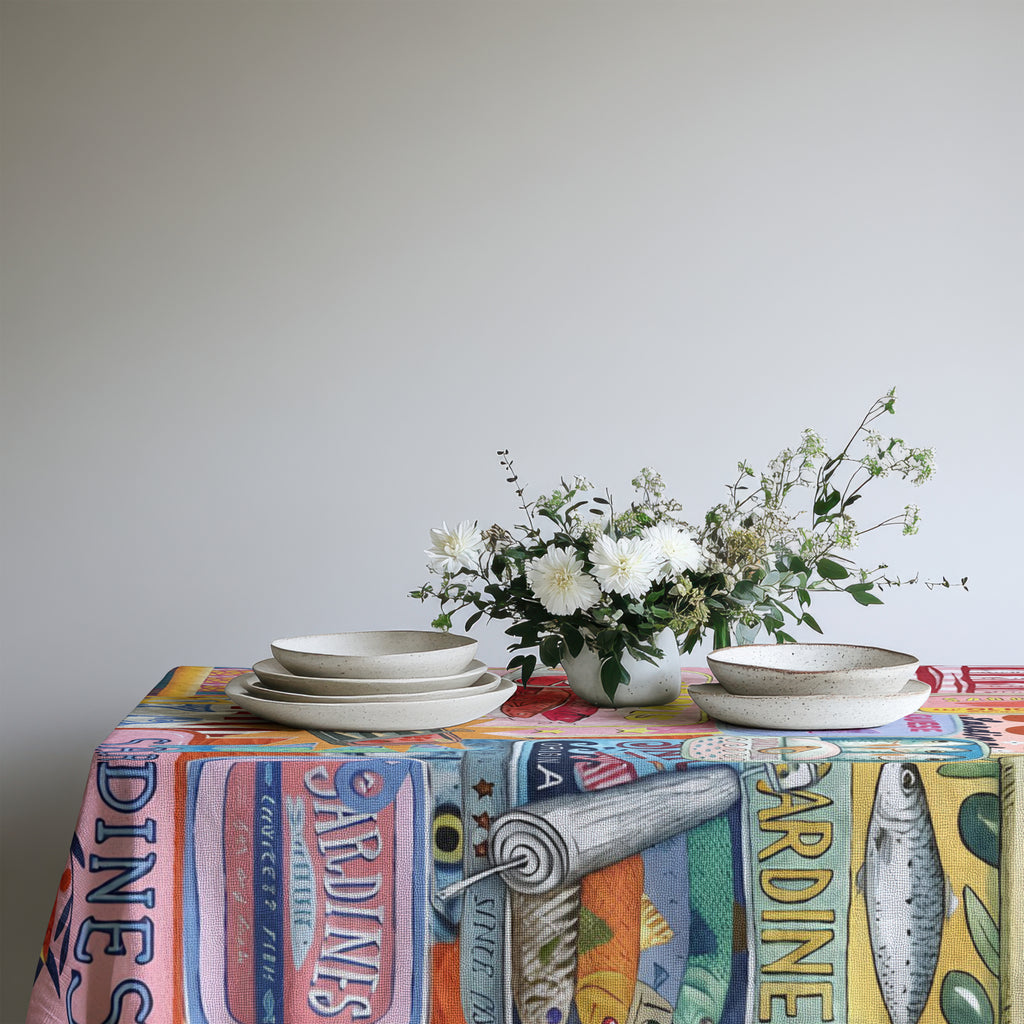 Hand-Painted Mediterranean Sardines Cotton Twill Tablecloth – Colorful Coastal Dining Decor