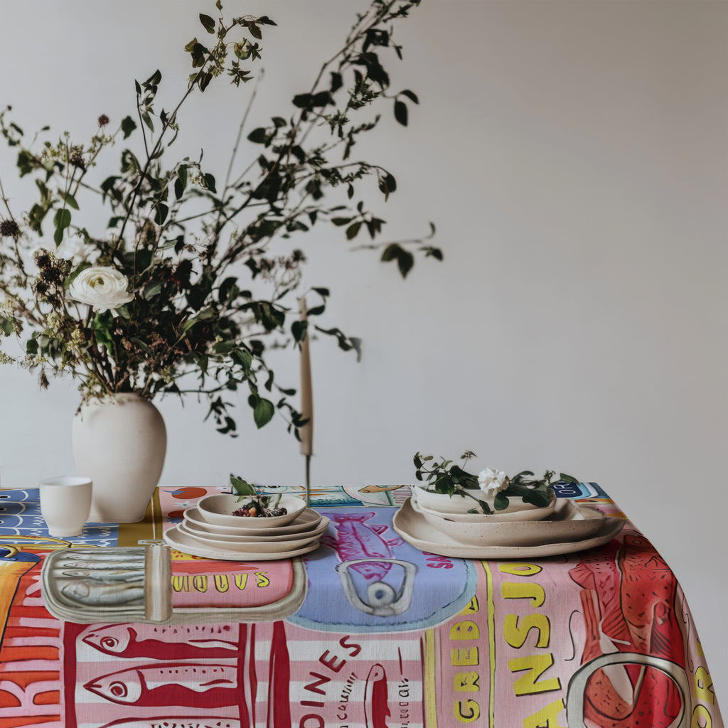 Hand-Painted Mediterranean Sardines Cotton Twill Tablecloth – Colorful Coastal Dining Decor