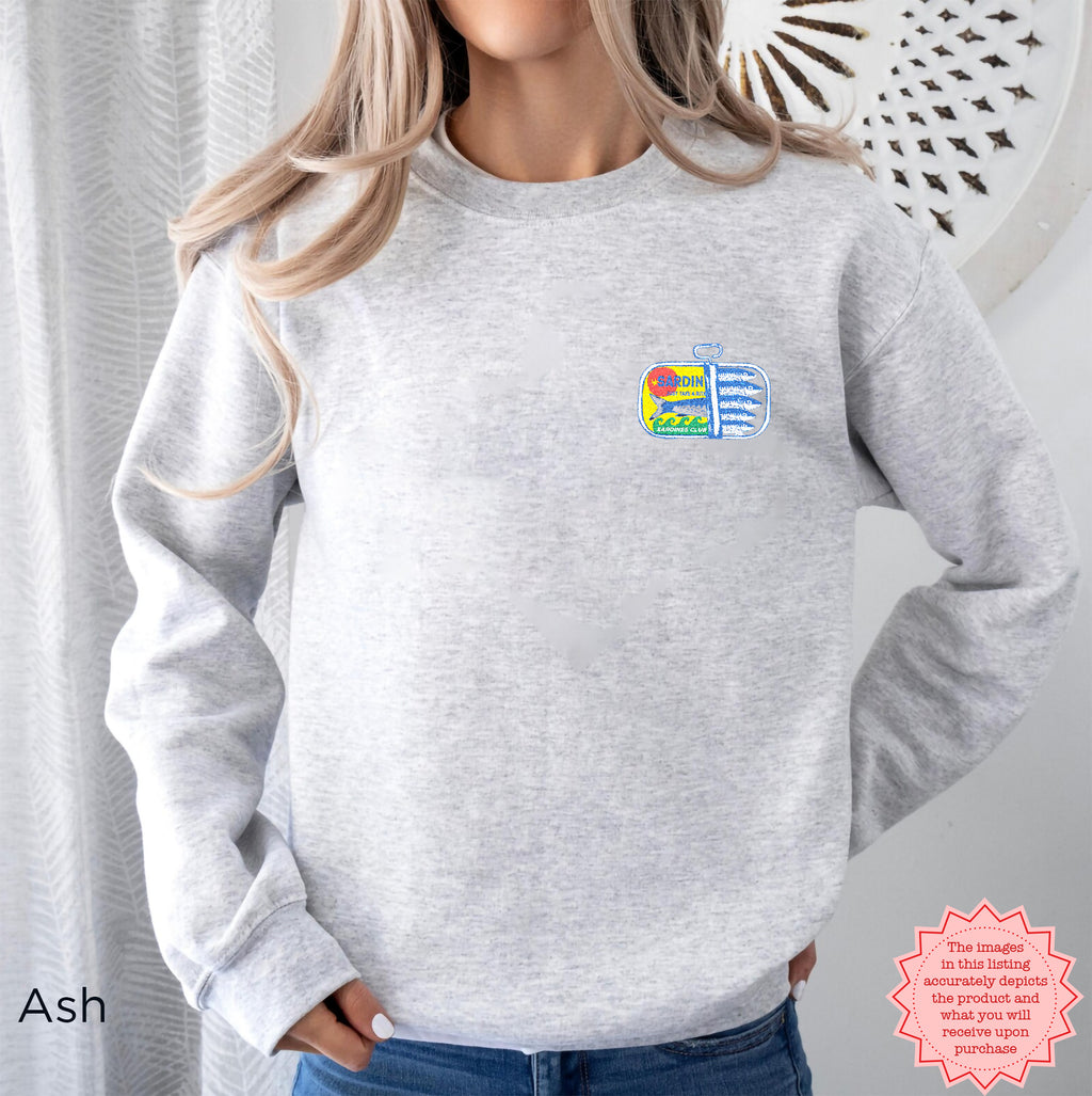 Sardines embroidered sweatshirt in ash gray with colorful canned fish embroidery, unisex Gildan crewneck sweatshirt.