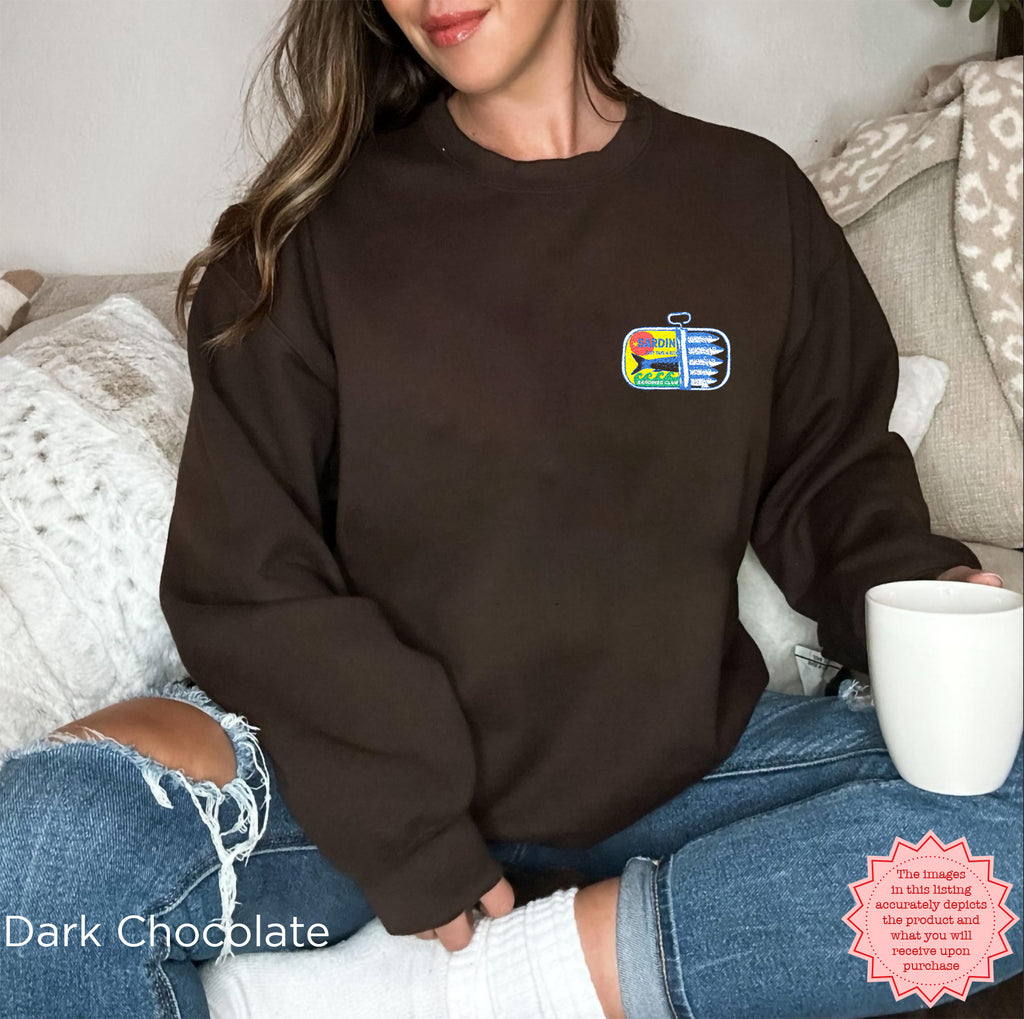 Dark chocolate embroidered sweatshirt featuring cute canned fish embroidery, cozy heavy‑blend Gildan crewneck.