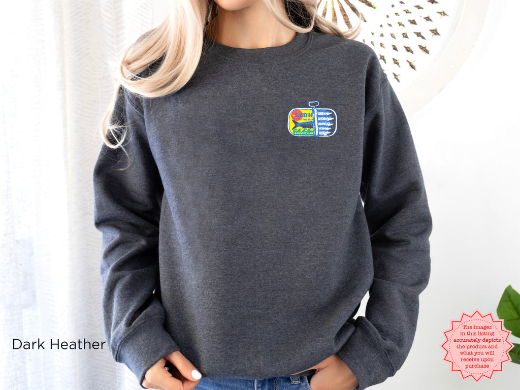 Dark heather sardines embroidered crewneck sweatshirt with colorful embroidered design, stylish unisex fit.