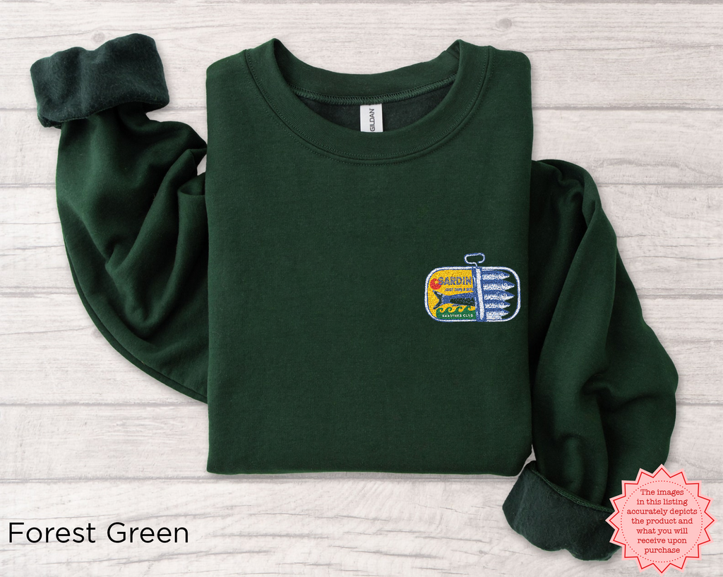 Forest green sardines embroidered sweatshirt with embroidered canned fish graphic, versatile unisex sweater.
