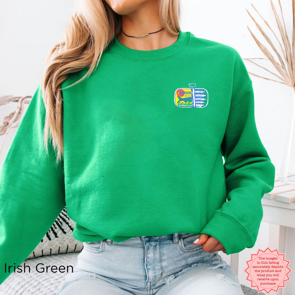 Irish green embroidered sweatshirt with colorful sardines graphic embroidery — premium unisex crewneck.