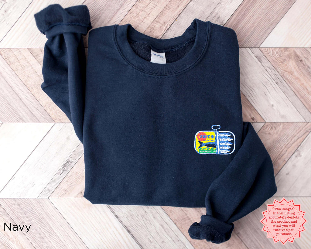 Navy embroidered sweatshirt with colorful sardines design embroidery, cozy unisex Gildan crewneck.