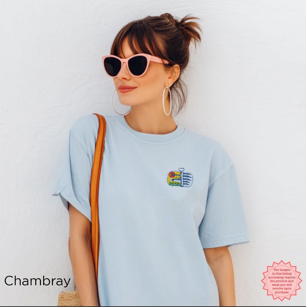 Sardines Embroidered Tee | Comfort Colors Shirt | Fisherman’s Aesthetic & Mediterranean Living | Bold Graphic Tee