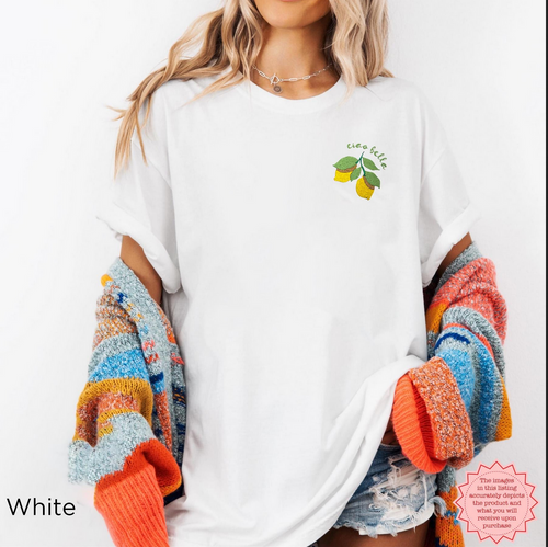 Comfy and trendy lemon-embroidered tee with a "Ciao Bella" print, perfect for a fun day out.