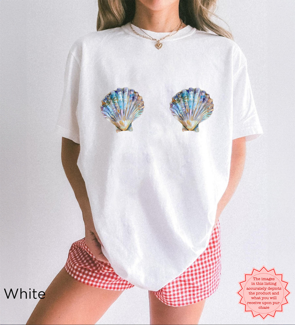 Classic white seashell graphic tee for a fresh, clean summer look.