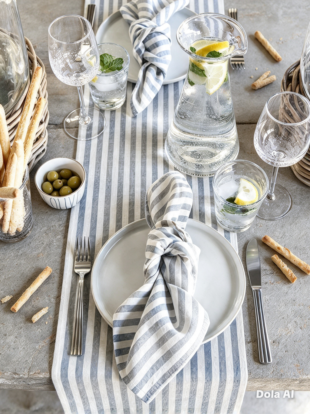 Slate blue hand drawn stripes table runner styled on a modern dining table with white dinnerware and glassware