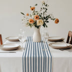 Polyester slate blue stripe table runner designed for durable and easy-care everyday dining