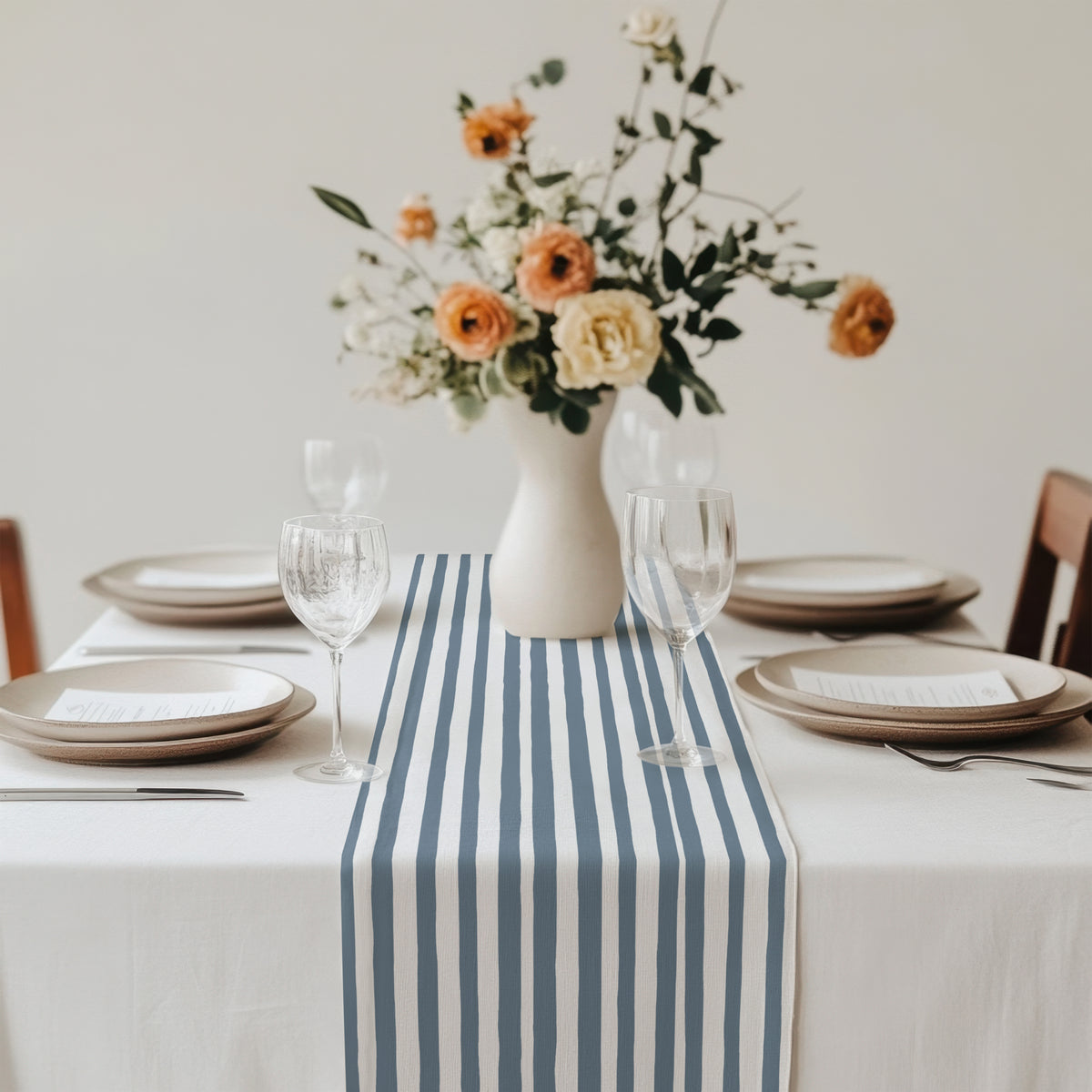 Polyester slate blue stripe table runner designed for durable and easy-care everyday dining
