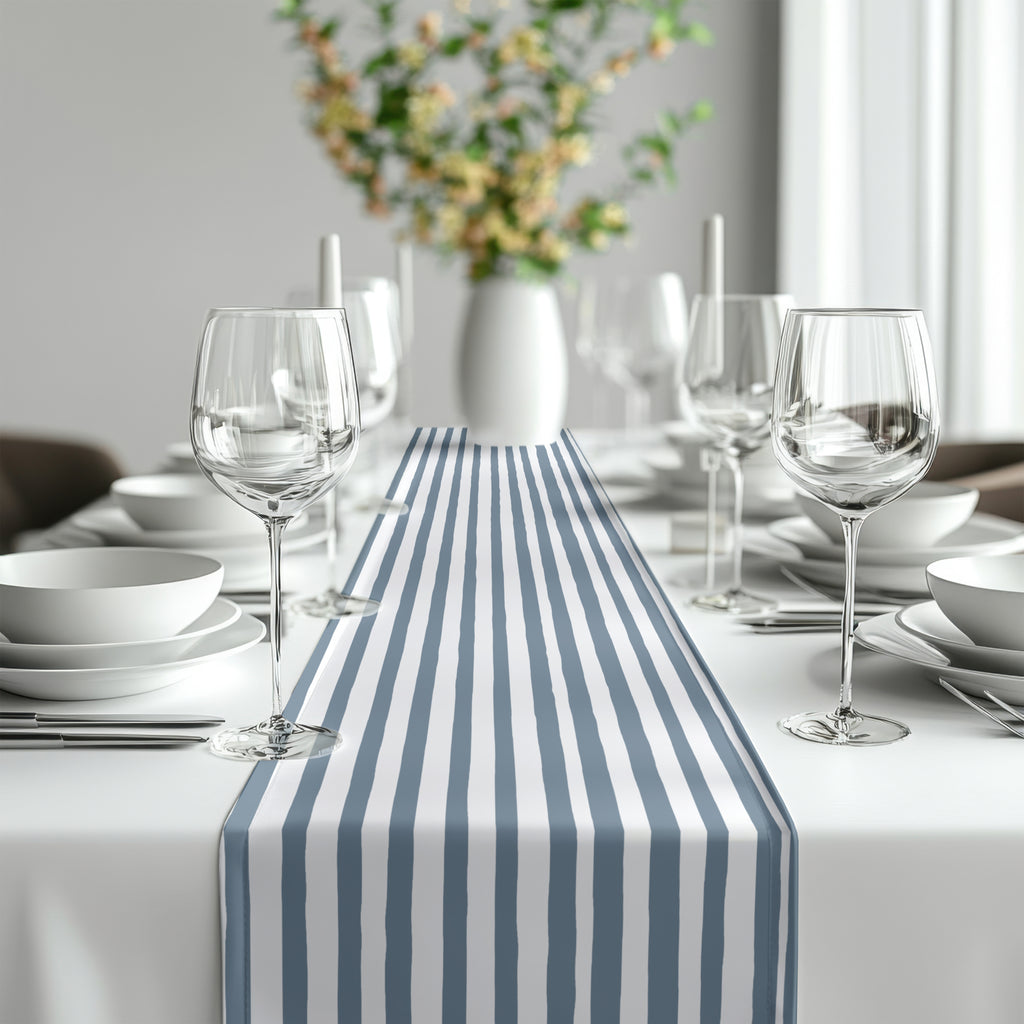 Close-up view of slate blue hand drawn stripe pattern on premium table runner fabric