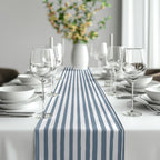 Close-up view of slate blue hand drawn stripe pattern on premium table runner fabric