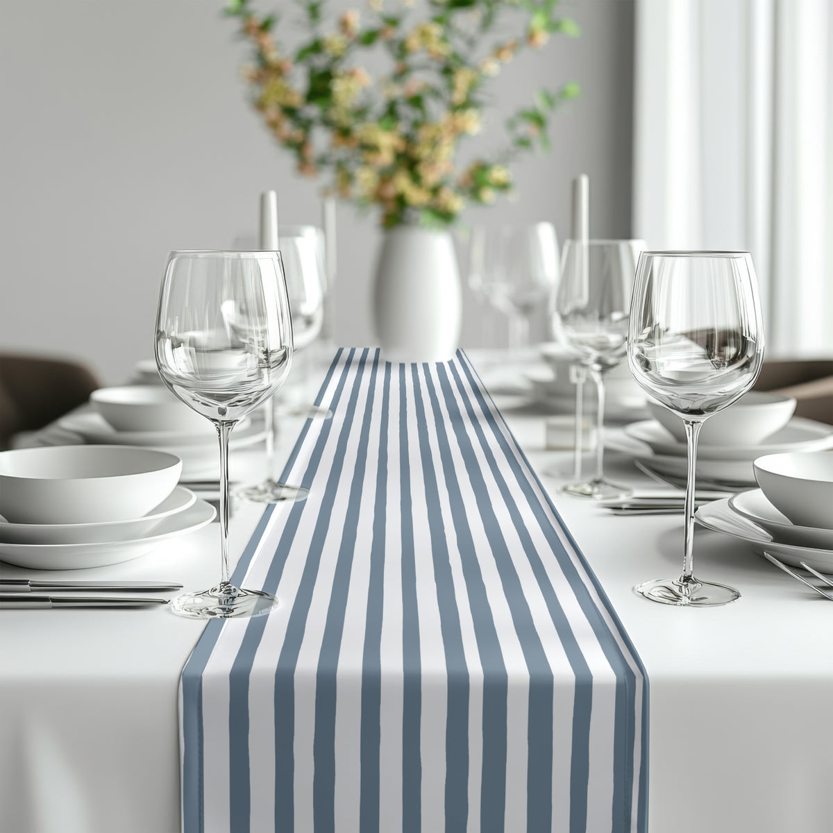 Close-up view of slate blue hand drawn stripe pattern on premium table runner fabric