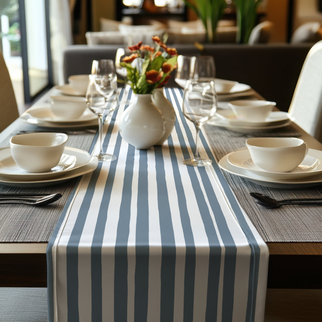 Cotton twill slate blue striped table runner with soft textured fabric finish for dining decor