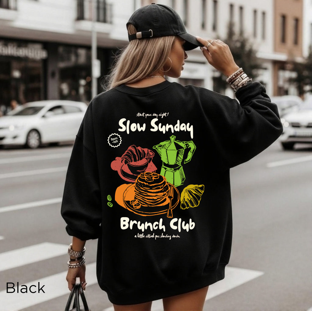 Slow Sunday Brunch Club sweatshirt back view with detailed brunch and coffee artwork