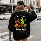 Slow Sunday Brunch Club sweatshirt back view with detailed brunch and coffee artwork