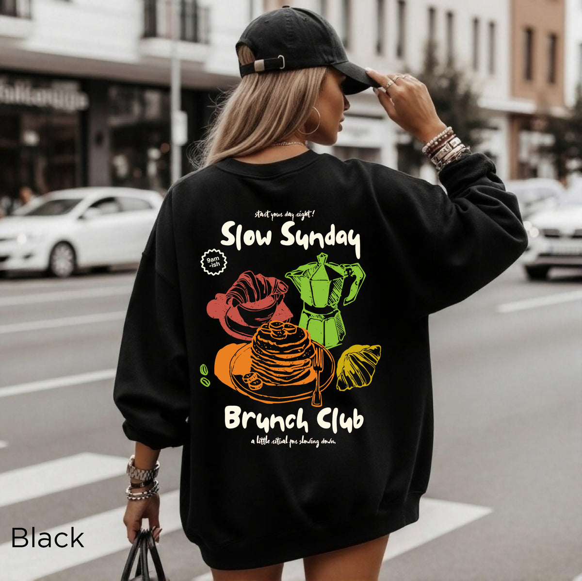 Slow Sunday Brunch Club sweatshirt back view with detailed brunch and coffee artwork