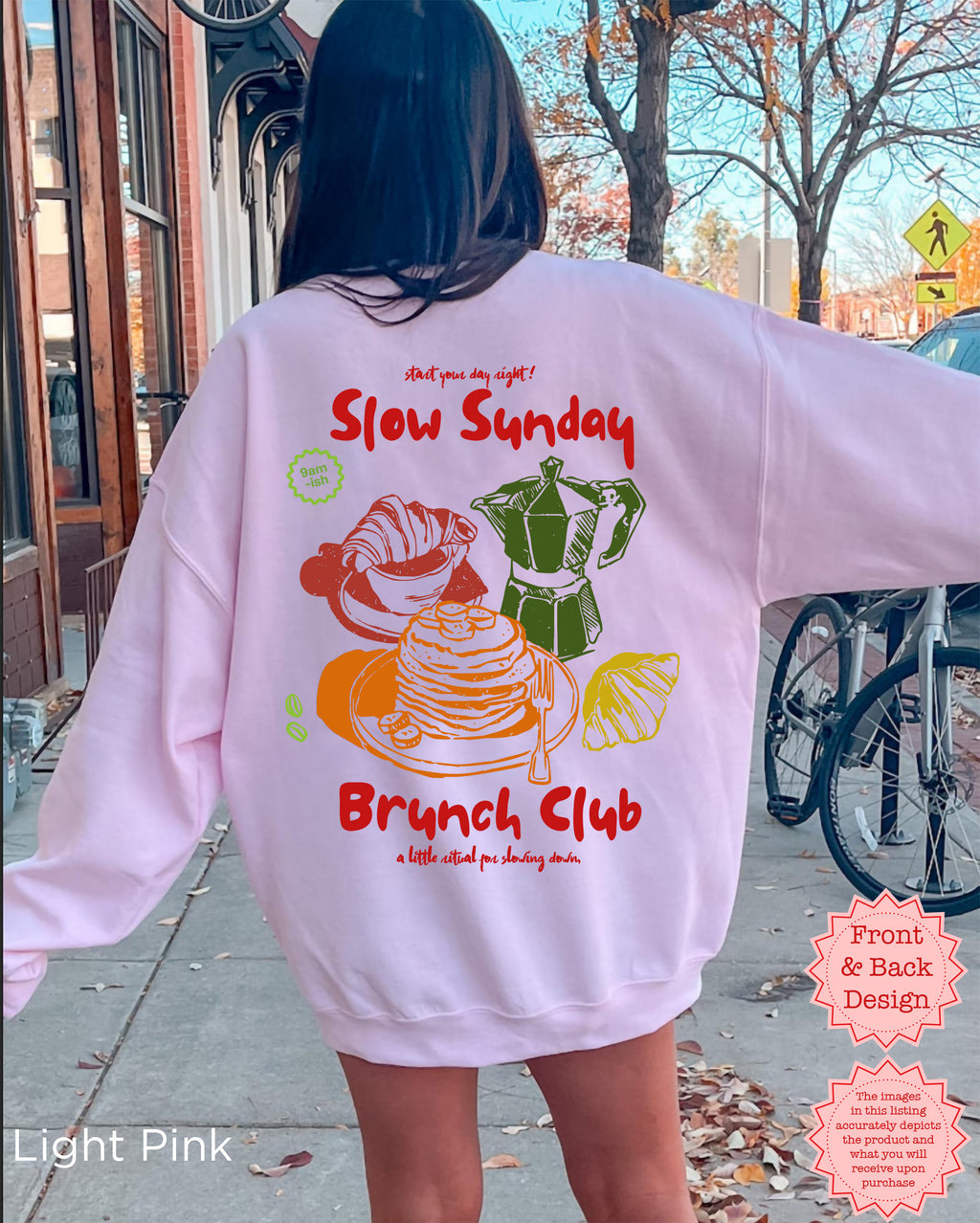 Slow Sunday Brunch Club crewneck sweatshirt with coffee, pancake and pastry illustrations