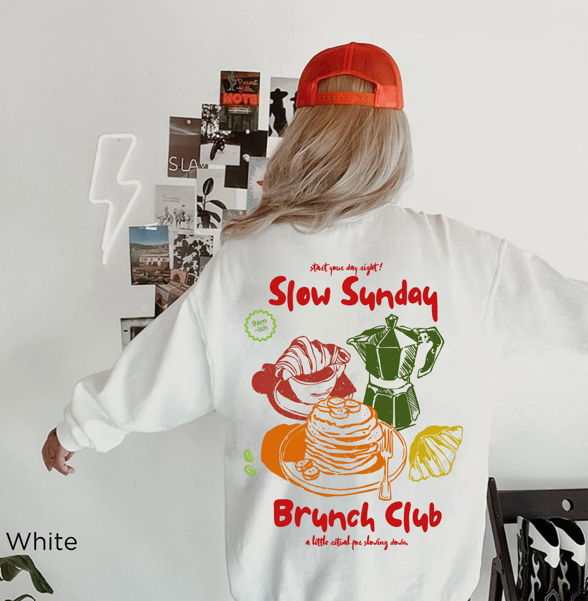 Slow Sunday Brunch Club [colour] sweatshirt with vintage coffee and brunch graphic
