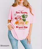 Slow Sunday Brunch Club graphic T-shirt with coffee, pancake and pastry illustrations