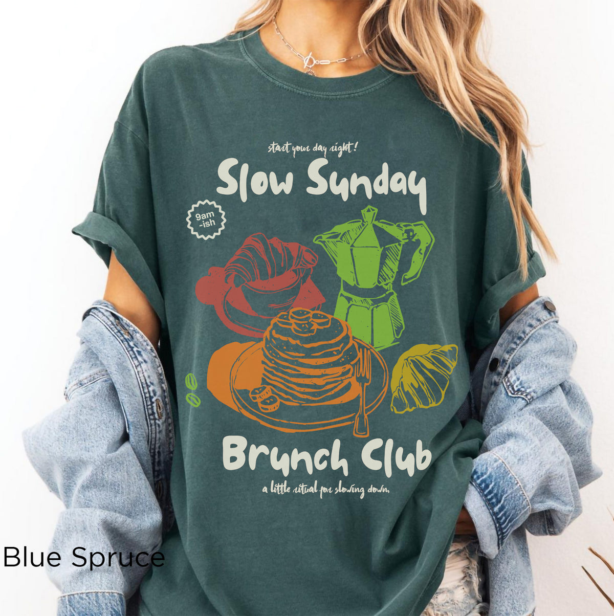 Blue Spruce coffee lover T-shirt featuring Slow Sunday Brunch Club brunch artwork