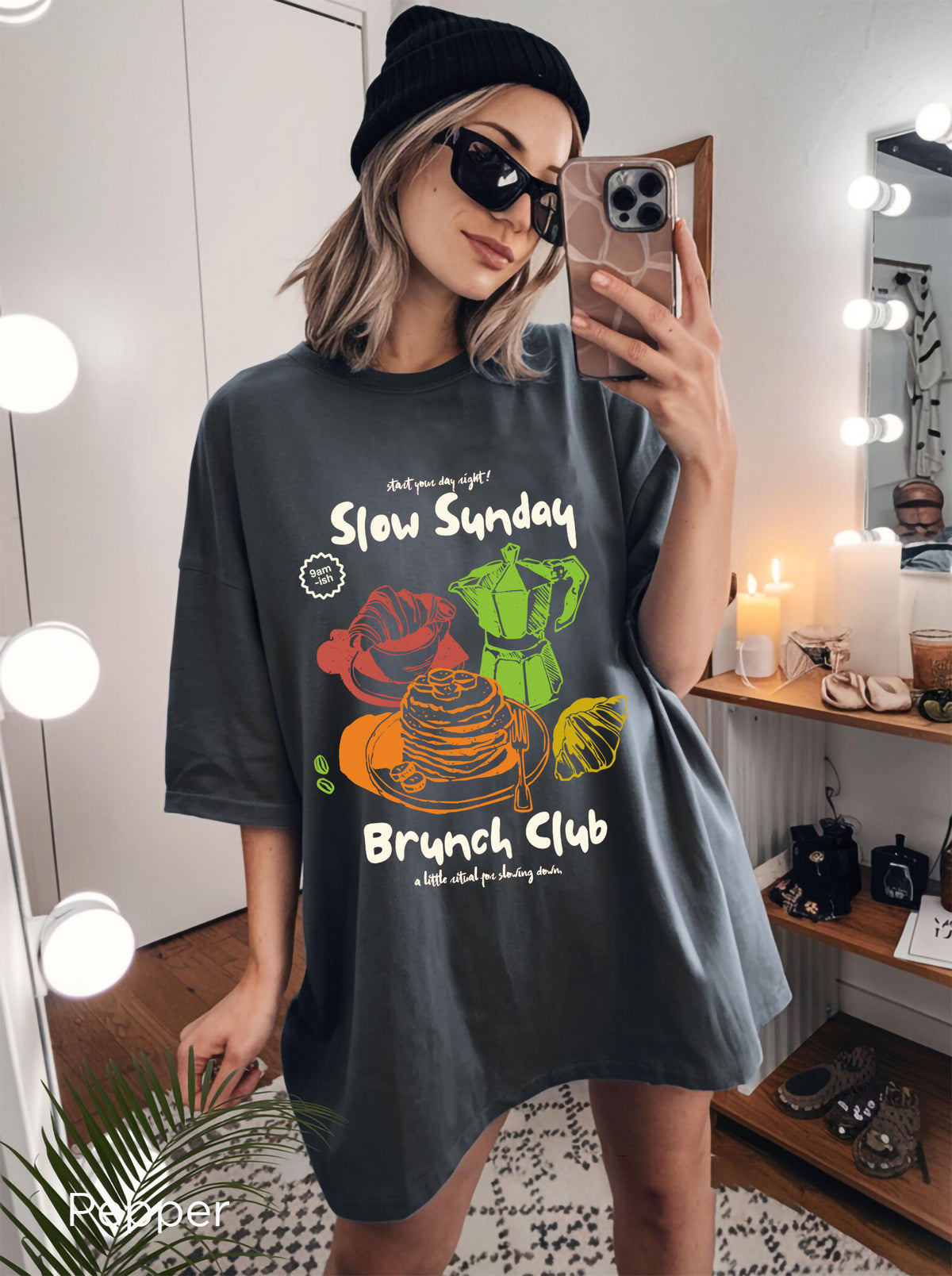 Pepper brunch T-shirt with Slow Sunday Brunch Club vintage-inspired graphic