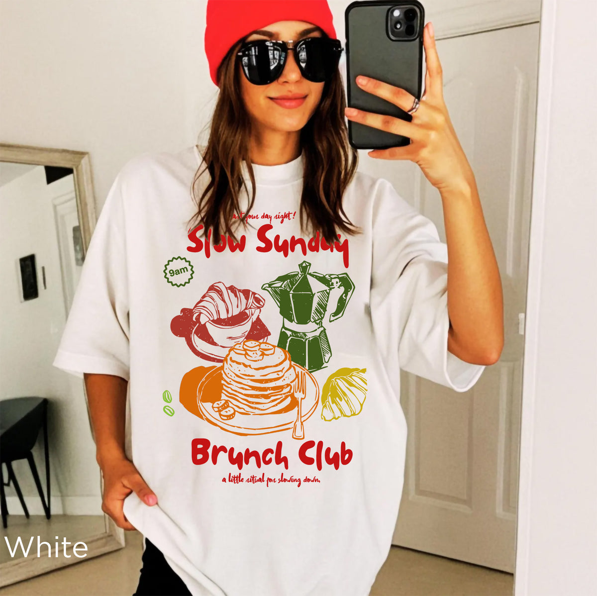 Slow Sunday Brunch Club White T-shirt with vintage coffee and brunch graphic