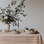 Detailed view of the 100% cotton twill fabric and subtle hand-drawn stripe pattern in soft terracotta and ivory.