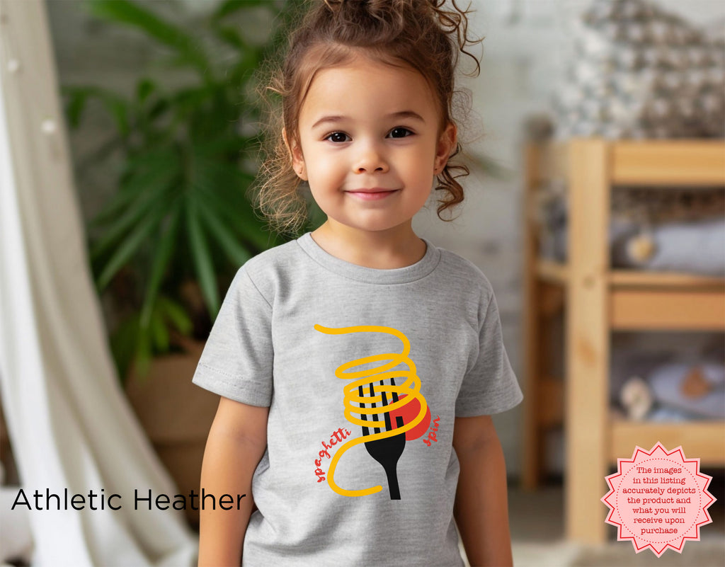 Athletic heather kids “Tutto Bene” spaghetti T-shirt with fun fork twirling pasta illustration and red lettering, cute Italian food graphic tee for toddlers and kids.