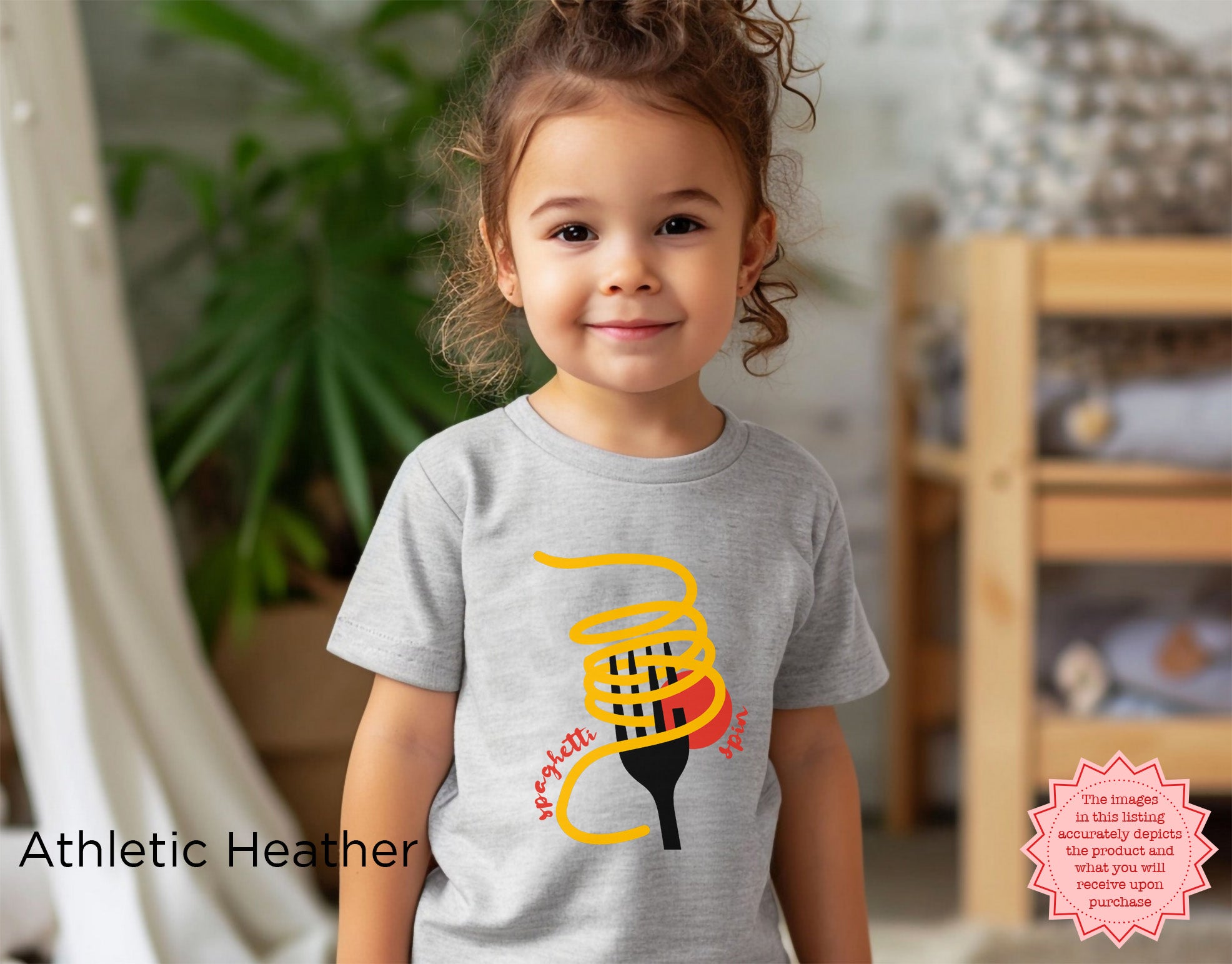 Athletic heather kids “Tutto Bene” spaghetti T-shirt with fun fork twirling pasta illustration and red lettering, cute Italian food graphic tee for toddlers and kids.
