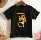 Kids black “Tutto Bene” spaghetti graphic T-shirt featuring a fork twirling pasta with bold red lettering, fun Italian food themed toddler and youth tee.
