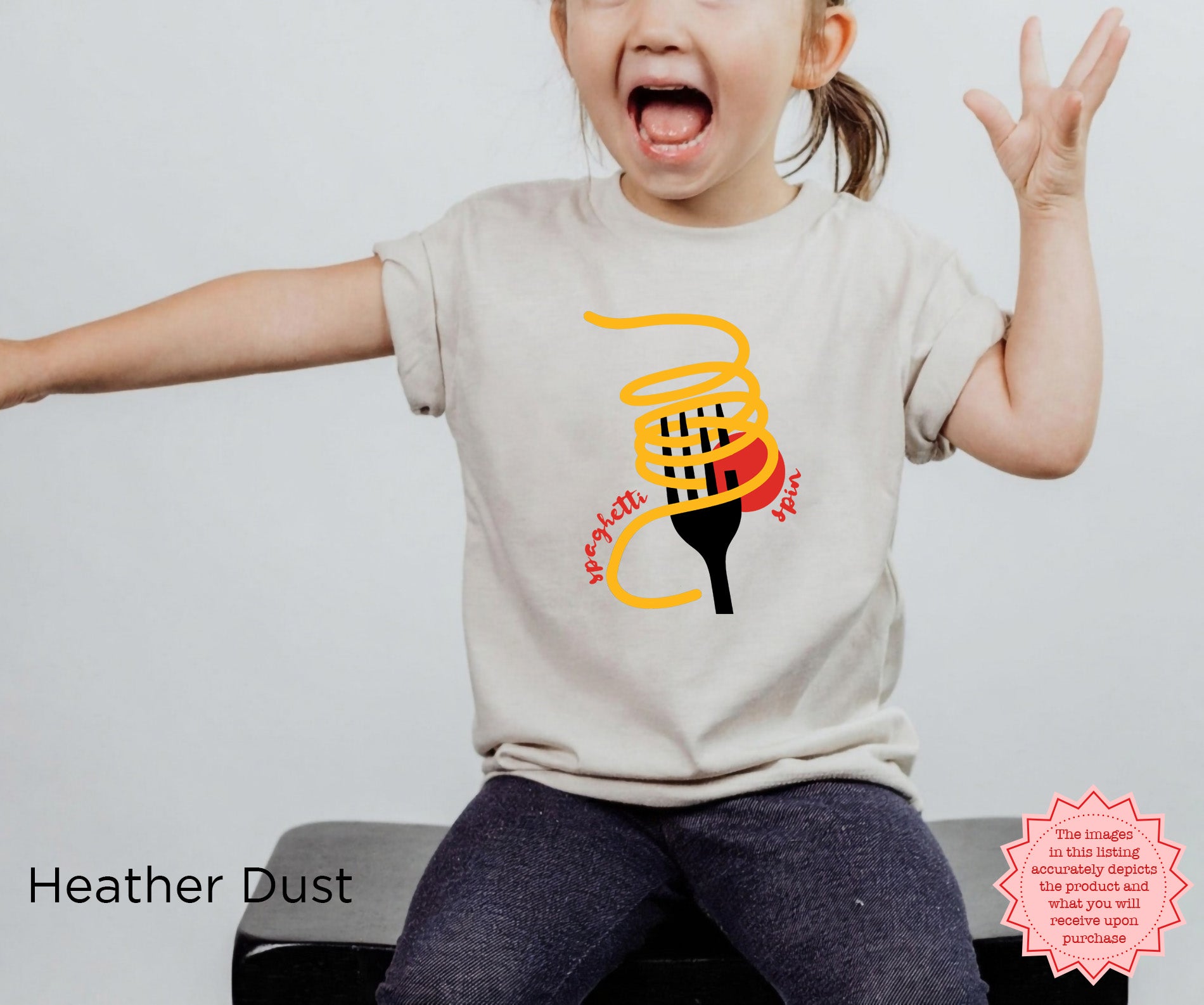 Heather dust kids spaghetti graphic T-shirt featuring colorful pasta and playful red “Tutto Bene” text, Italian food themed toddler and youth tee.