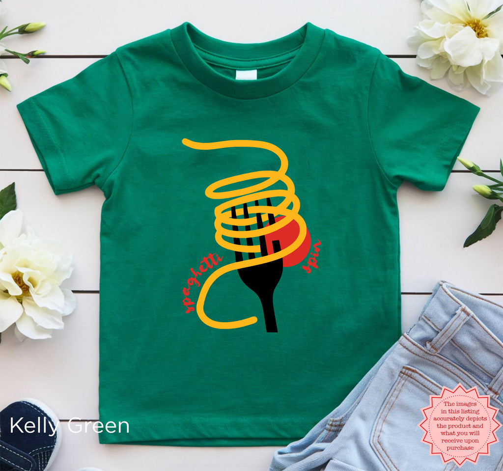 Kelly green kids “Tutto Bene” pasta lover T-shirt with bold spaghetti illustration and red script lettering, funny Italian food graphic tee for toddlers and children.