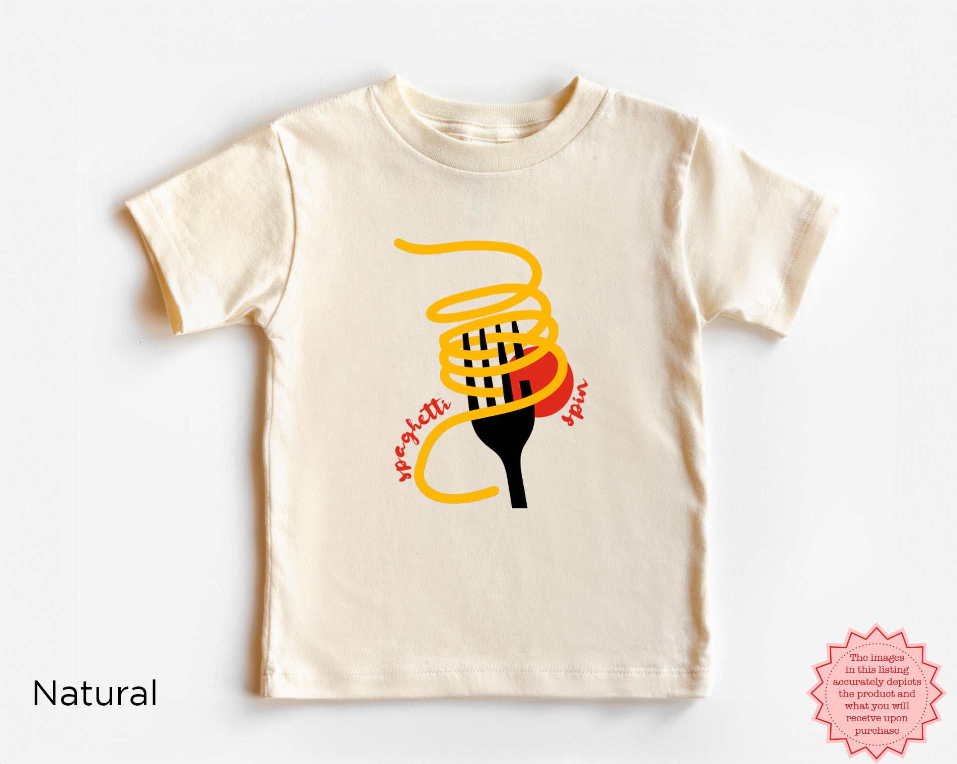 Natural cream kids “Tutto Bene” pasta lover T-shirt with colorful spaghetti illustration and red script text, cute Italian food graphic tee for toddlers and kids.