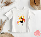 White kids “Tutto Bene” pasta lover T-shirt featuring spaghetti on a fork with bold red lettering, funny Italian food graphic shirt for toddlers and children.