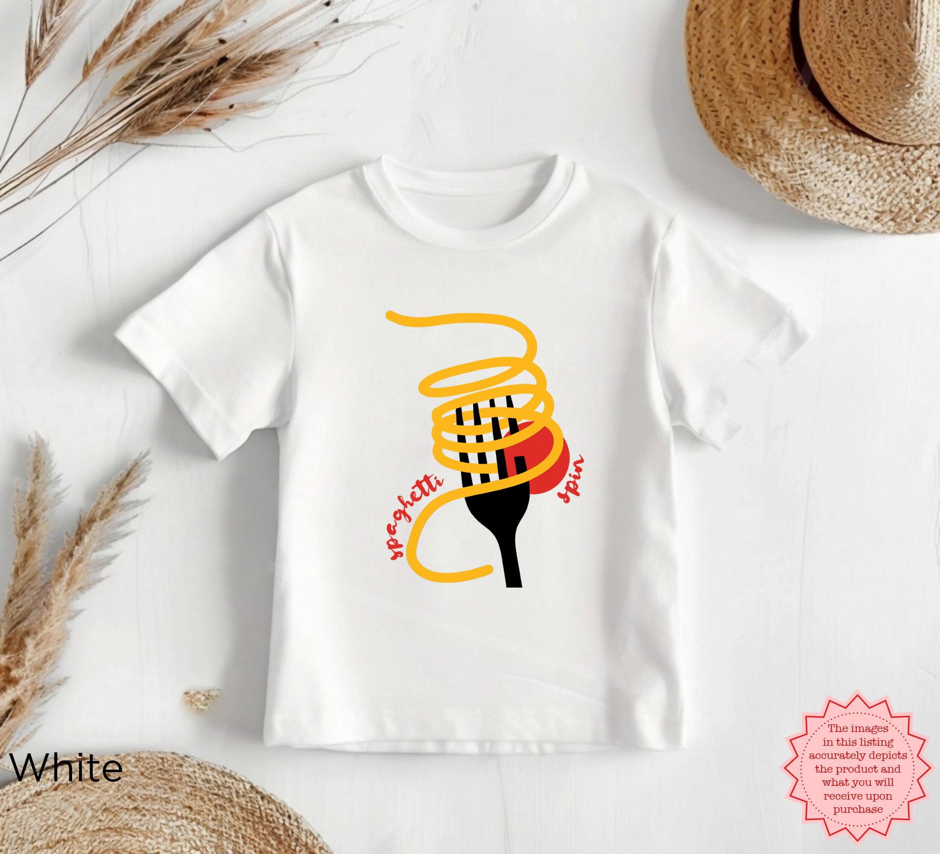 White kids “Tutto Bene” pasta lover T-shirt featuring spaghetti on a fork with bold red lettering, funny Italian food graphic shirt for toddlers and children.