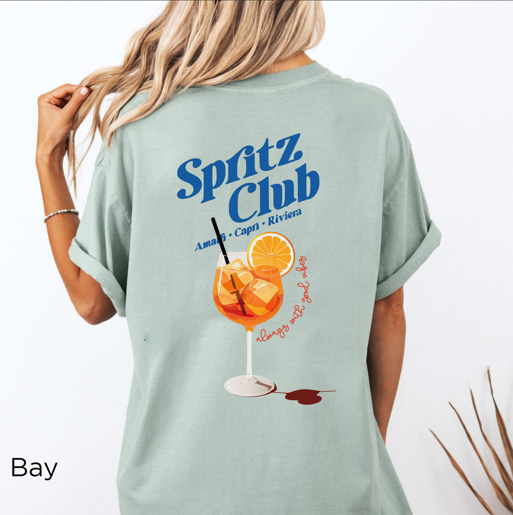 Spritz Club T-shirt back graphic showcasing a colorful cocktail illustration inspired by Italian summer and coastal aperitivo culture