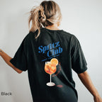 Back of Spritz Club graphic T-shirt showing colorful spritz cocktail illustration with Mediterranean summer-inspired design