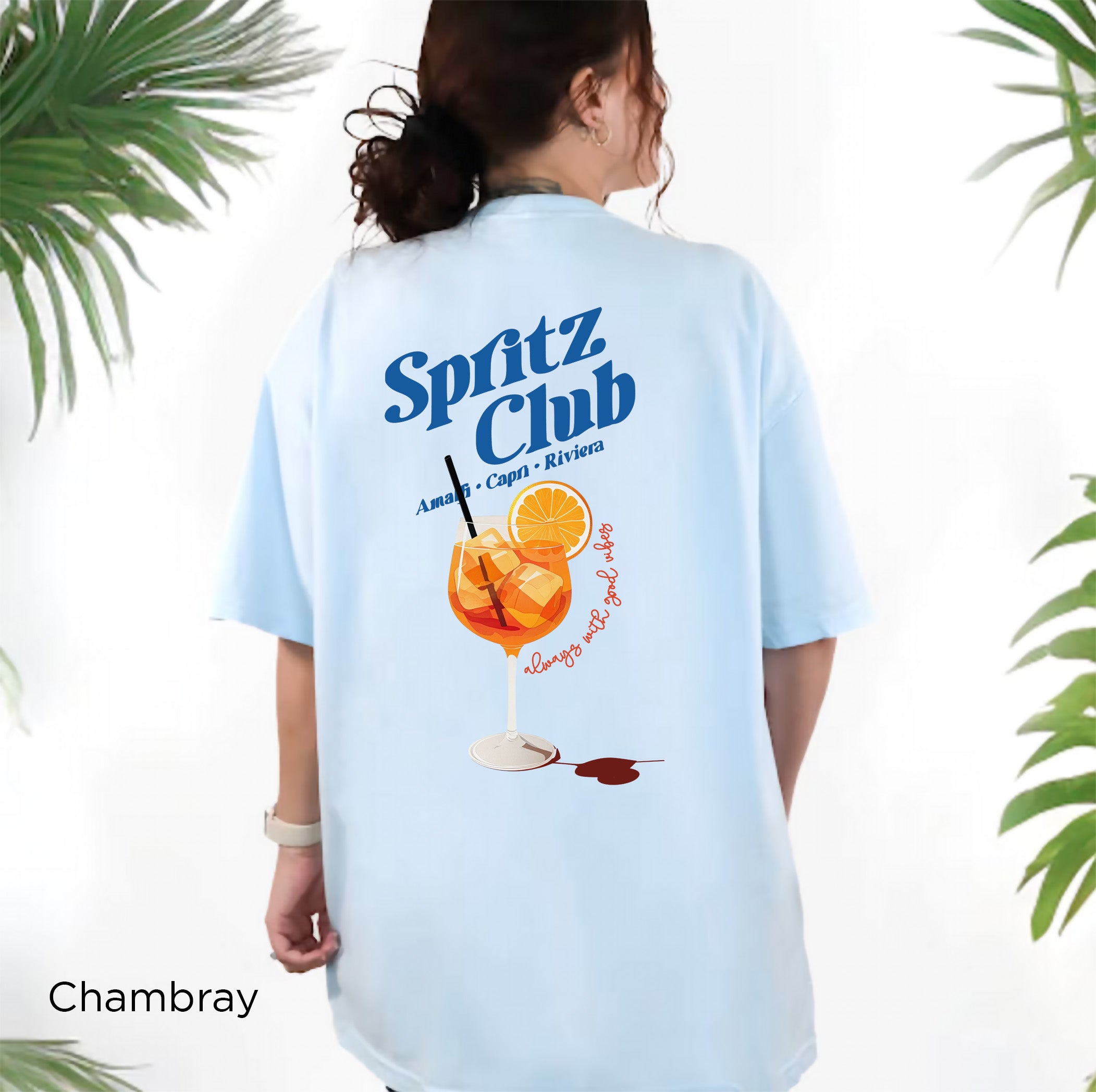 Spritz Club heavyweight cotton T-shirt displayed from the back with a large detailed cocktail graphic and relaxed fit