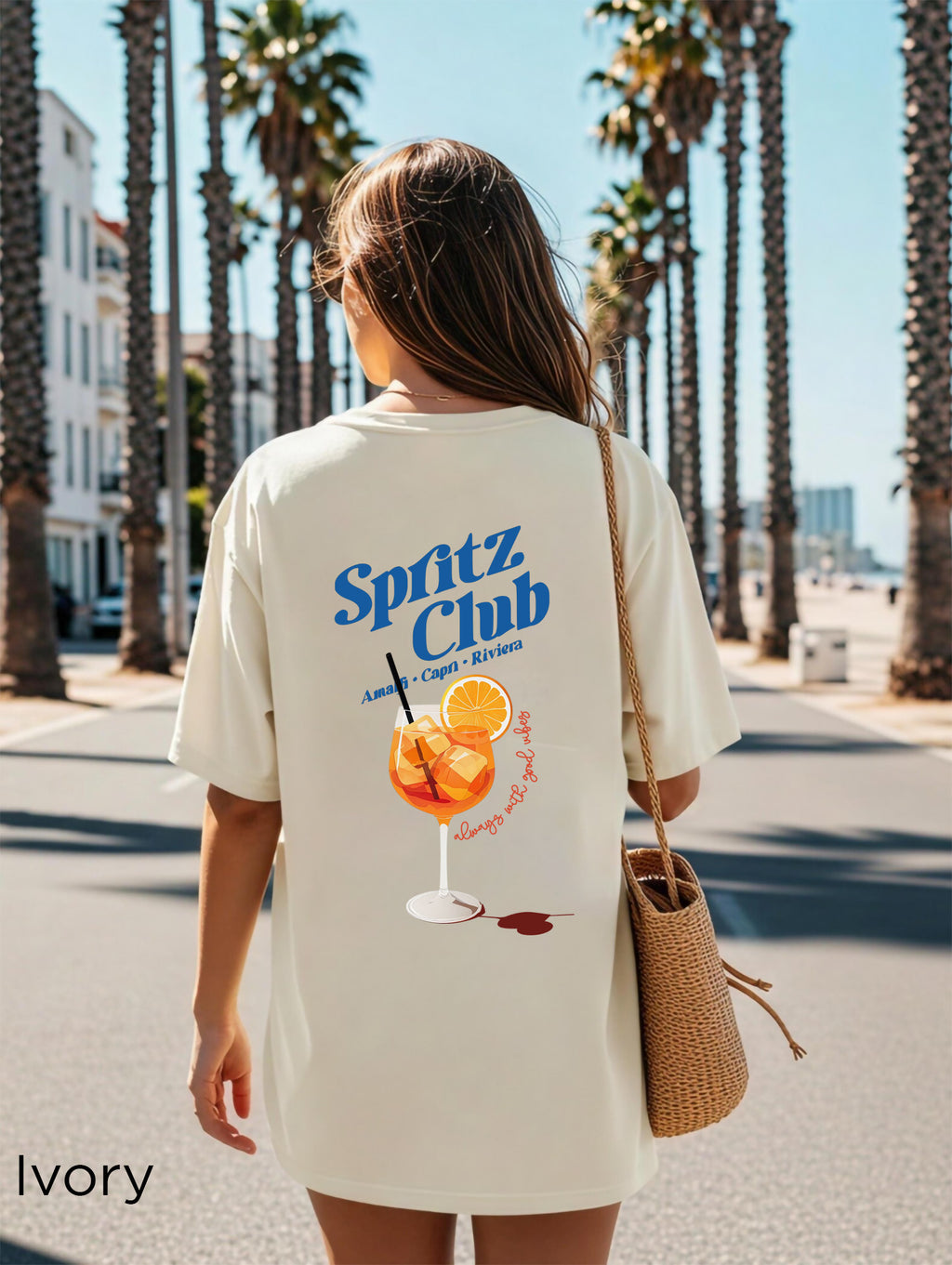 Spritz Club T-shirt back view featuring a large Mediterranean-inspired spritz cocktail graphic and vintage summer artwork